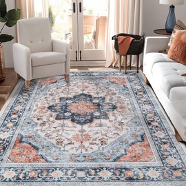 Dotiiorug Boho Washable Area Rug for Living Room,5x7 Low Pile Non Slip Carpet Kitchen Dining Room Soft Indoor Stain Resistant Bedroom Rug Non-Shedding Beige/Orange/Blue