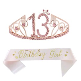 13th Birthday Pink Tiara and Pink Sash Happy 13th Birthday Party Supplies Birthday Girl Glitter Satin Sash and Crystal Tiara Princess Birthday Crown for Girls 13th Birthday Party Decorations Favors