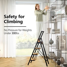 SOLADDER Step Ladder 4 Step Folding Stool with Anti-Slip Widened Sturdy Pedal and Handgrip, Portable Lightweight Aluminum Ladder for Home,Kitchen,300 lbs Capacity-Black+Woodgrain