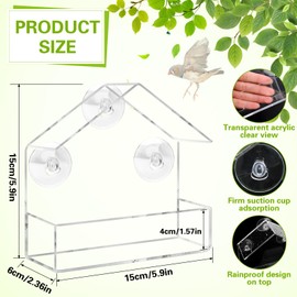Transparent Bird House Window Pane, Acrylic Bird House Window with 3 Suction Cups, Window Feeder for Birds, Window Bird Feeder for Feeding Wilds, Robin Tits, 15 x 15 x 6 cm