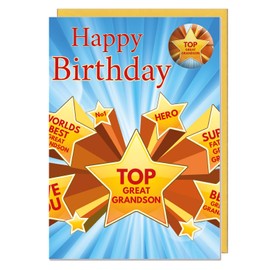 AK Giftshop Top Great Grandson Birthday Card With Badge