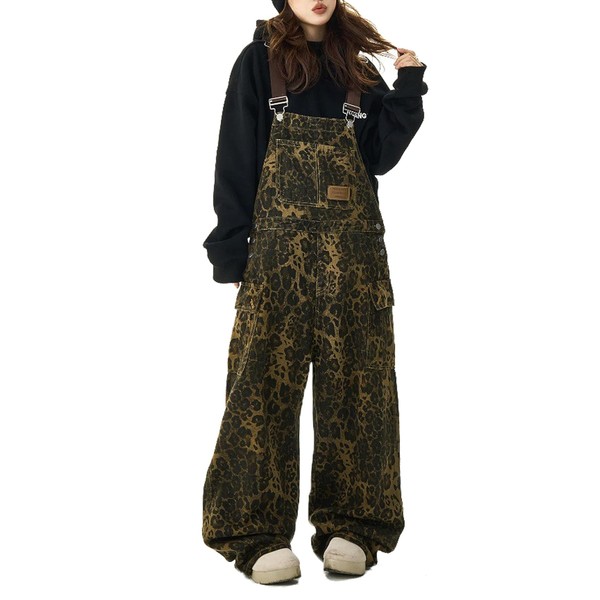 POOPMOOM Leopard Print Jeans Denim Jumpsuit Baggy Overalls For Women