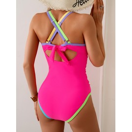 B2prity Women's One Piece Swimsuit Tummy Control Slimming Bathing Suit V Neck Neon Color Block Tie Back Swimwear