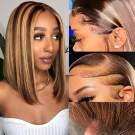 Bob Wig Human Hair Highlight Ombre 13x6 Lace Front Wigs Human Hair 180% Density 4/27 Honey Blonde Straight Frontal Wigs Human Hair HD Lace Wig Short Bob Wigs for Women Human Hair Glueless Wigs 12 Inch