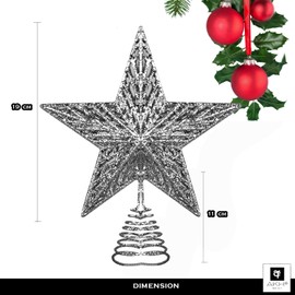AKH® Christmas Tree Topper Star | 25 cm - Size | Glittered Star | Metal Glitter Star Tree top | Xmas Party Decoration Ornaments | For Christmas Tree Decorations (Silver)