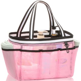 Ocim Large Portable Mesh Shower Caddy Bag Tote for Big Size Shampoo Bottles, Collapsible Quick Dry for College Dorm, Camping, Beach Pool Bathroom, Pink