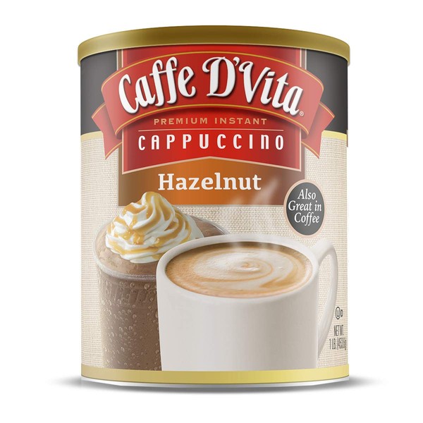 Caffe D’Vita Hazelnut Cappuccino Mix - Hazelnut Instant Coffee, Gluten Free, No Cholesterol, No Hydrogenated Oils, No Trans Fat, 99% Caffeine Free, Hazelnut Coffee - 16 Oz Can, 6-Pack