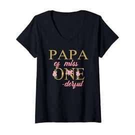 Womens Papa of Miss Onederful 1st Birthday First One-Derful Family V-Neck T-Shirt