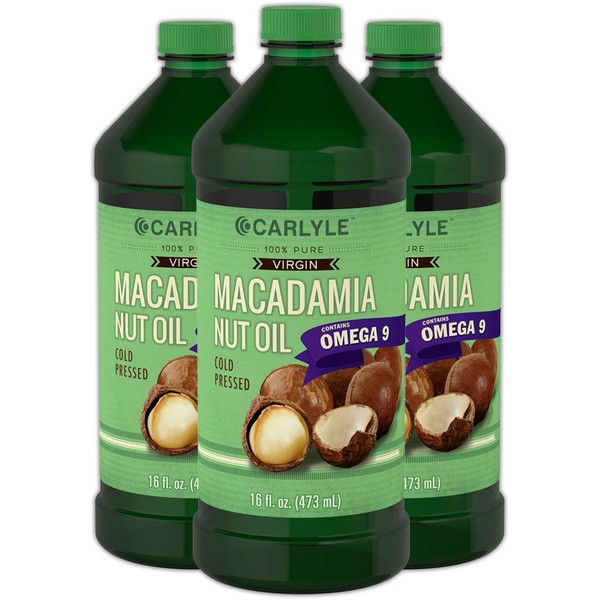 Macadamia Nut Oil | 3 x 16 oz Bottles | Premium Cold Pressed | Food Grade | Vegetarian, Non-GMO, Gluten Free | Virgin Oil | Safe for Cooking, Great for Hair and Skin | by Carlyle