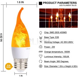 6 Pack LED Flicker Flame Mini Light Bulb, E26 2W Realistic Fire Flickering Effect, 3 Lighting Modes Simulated Emulation/General/Breathing, for Indoor Outdoor Home Hotel Bar Party Decoration-Bent Tip