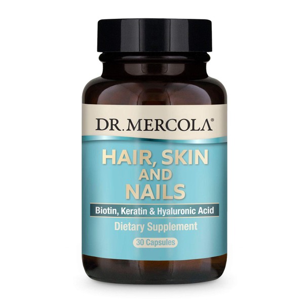 Dr. Mercola Hair, Skin & Nails, 30 Capsules (30 Servings), with Biotin, Solubilized Keratin, and Low Density Hyaluronic Acid, Non GMO, Gluten Free, Soy Free