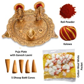 Aluminium Golden Color Plated Laxmi Ganesha Idol with Platter Plate for Puja Diwali Gift Items Deepawali Decorations Indian Dhanteras Pooja Statue Thali (Golden-Large)