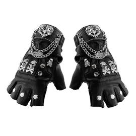 Skull Punk Rock Biker Black Leather Gloves Metal Chain Fingerless Gloves Men Women Uniesex (gloves with bracelt)