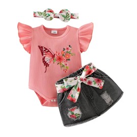 TOKIAGO New Born Clothes Baby Girl Infant Summer Outfits Cute Ruffle Butterfly Printed Romper + Denim Skirt + Headband 3pcs Shorts Set Coral 0-3 Months
