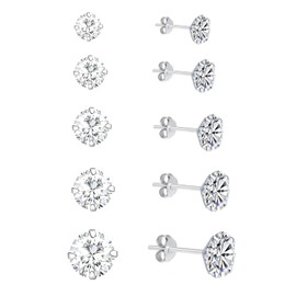 5 Pairs of 925 Sterling Silver Stud Earrings, Zirconia Small Silver Earrings Set, Stud Earrings 925 Silver Rhodium-Plated with Zirconia, Silver Earrings Set, Sparkling Zirconia Stud Earrings for Men