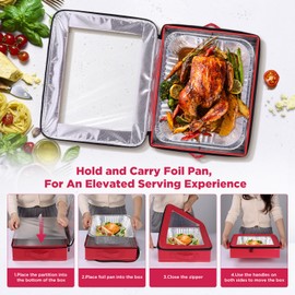 OUTXE OUTXE 2 Pack 9x13 in Foil Pan Carrier with Lid, PU Leather Foil Pan Holder with Handle, Serving Tray for Food, Stackable Aluminum Pan Holder, for Travel, Potlucks, Parties, BBQ, Picnics, Home (Red)