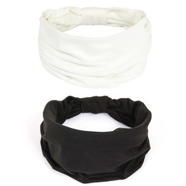 GILI 2 Pack Wide Headbands for Women Boho African Knotted Non Slip Fashion Hair Bands Yoga Running Sports Workout Gym Head Wraps Elastic Soft Cotton Cloth Turbans Bandana for Girls (White,Black)
