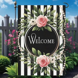 MOXDBT Welcome Spring Summer Floral Garden Flag 12x18 In, Double Sided Black and White Stripes Wreath Small Flags For Outside Outdoor Decor Yard Farmhouse Holiday Summer Spring Decorations Yard Flag