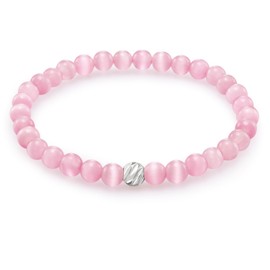 day.berlin Women&#39;s Pearl Bracelet Neo Genuine Natural Stone Bracelet with 6 mm Gemstones, Flexible Drawstring 17 cm Long with Rhinestone Pearl, Hand Knotted for Women, Rubber, Pink Opal