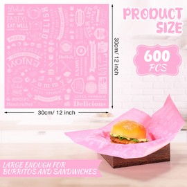 Outus 600 Pcs 12 x 12 Inch Deli Wax Paper Sheets Grease Resistant Tray Basket Liners Newsprint Paper Water and Grease Proof Sandwich Wrapping Square Hot Dog Wrappers for Food Baking (Pink)