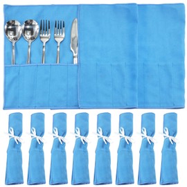ikaufen 8/10Pcs Silver Storage Bags Anti Tarnish Flannel Protector Bags Blue Holder for Silverware Flatware Storage Organizer Silver Storage Cloth White Ribbon for Kitchen Utensils (10 Pcs)