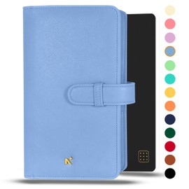 NEORAH — PETITE Notebook SLEEVE with Loop+Dotgrid JOURNAL| Faux Leather Sleeve + Penloop| 2 Front 1 Back compartment | 4 Card Slots| 2 BookMark| Fits any PETITE Softcover Planner Organizer –LIGHT BLUE