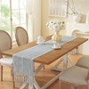 Farmhouse Decor Boho Table Runner with Macrame, Elegant Dusty Blue