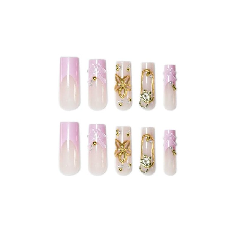 Uñas postizas medianas cuadradas rosas con diseño de flor 3D
