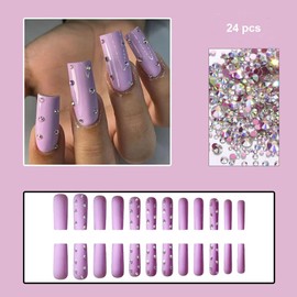 Magrace Press on Nails Long Square Fake Nails French False Nails with Designs Rhinestone 24 pcs Stick on Nails for Women
