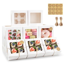 OAMCEG 50 PCS White Cupcake Boxes with Window, 6x6x3 Inch Cookie Boxes, Bakery Containers for Pastry, Dessert, Chocolate Strawberries, Treat Boxes with Stickers & Jute Twine