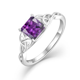 Blaniy Celtic Knot Ring 925 Sterling Silver Princess Cut Promise Engagement Ring Trinity Irish Ring Amethyst February Birthstone Jewelry Gifts for Women Size 10