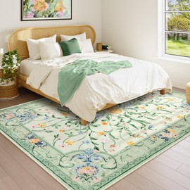 Green Floral 8x10 Area Rug for Living Room, Washable Non Slip Bedroom Rug, Soft Low Pile Carpet for Kids Nursery Office Dining Room Playroom Decor (Sage Green 8'x10')