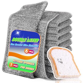 Non Scratch Wire Dishcloth 6 Pack with 1pcs Kitchen Sponges for Dishes, Double Layer Wire Dish Washing Cloth,Powerful Cleaning Non-Scratch Wire Dishcloth Rag for Cookware, Sinks, Dishes, Stove Tops