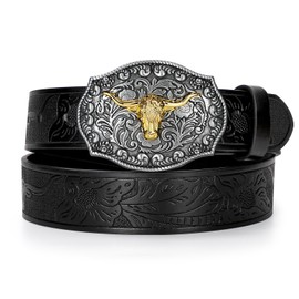Western PU Leather Buckle Belt for Men Women Cowboy Cowgirl Longhorn Bull Pattern Floral Engraved Buckle Belt JASGOOD(Black Silver Buckle)