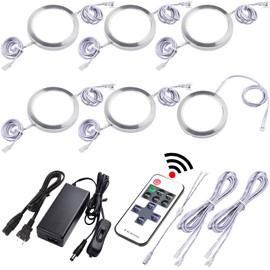 Lvyinyin Under Cabinet Lighting Kit, Dimmable Wireless RF LED Control, Linkable Puck Lights, AC120V to DC12V Adapter, Hardwired or Wall Plug, for Atmosphere Ambiance Lighting, 6 Lights, Daylight