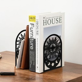 Book Ends, Set of 2 Metal Bookends for Shelves, Decorative Bookends for Heavy Books, Non-Slip Book End, Black Bookend for Home Office (Moon Phase)