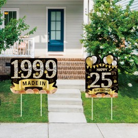 2Pcs 16" Large Happy 25th Birthday Party Yard Sign Decorations for Women & MEN,Black Gold 25th Birthday Yard Signs with Stakes,Weatherproof Outdoor Lawn Decorations