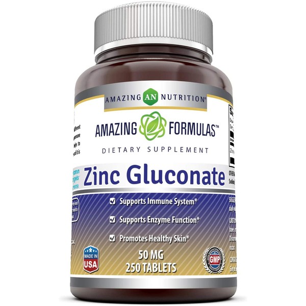 Amazing Formulas Zinc Gluconate - 50 mg, 250 Tablets (Non-GMO,Gluten Free) - Supports Immune System - Supports Enzymes Function - Promotes Healthy Skin.