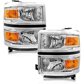 for 2014 2015 Chevy Silverado 1500 Headlight Assembly Halogen Factory OE Style Chrome Housing with Amber Reflector Left and Right Pair