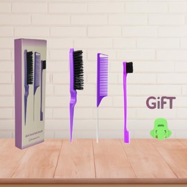 Purple Hair Styling Comb Set, 3 Pieces, Rat Tail Comb,Slick Back Brush with Edge Brush, styling comb for kids for middle part，Rat Tail Comb, Teasing Brush Set for Smoothing brush Baby Hair
