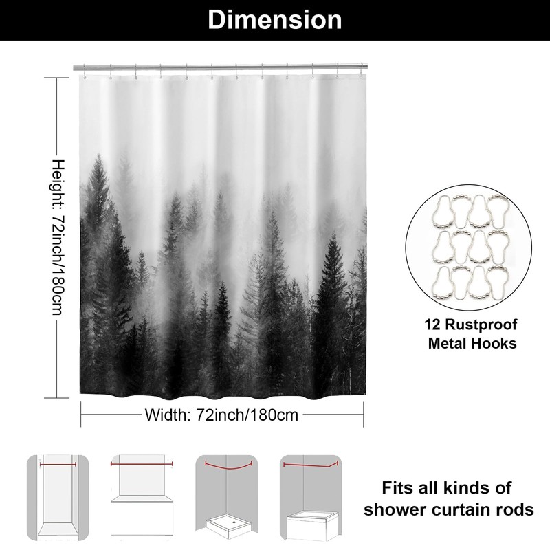 ORTIGIA Black and White Misty Forest Shower Curtain for Bathroom,