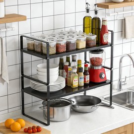 SOFRON Expandable Cabinet Storage Shelf, Stackable Organizer Rack for Kitchen Bathroom Pantry Spice Cupboard Countertop Home Office Desk, Heavy Duty, Black Large 1 PACK, 10.2 Inch Depth