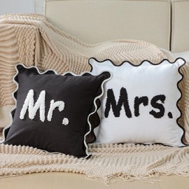 Mindsoft Mr. and Mrs. Pillow Cases Set of 2 18 x 18 Inch Scalloped Black and White Pillow Covers Embroidered Cushion Cover Bedroom Decor for Wedding Anniversary Engagement Bride Shower Gifts