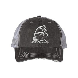 One Size Black/Grey Trucker Bigfoot The Thinker On A Tree Stump Embroidered Distressed Trucker Cap