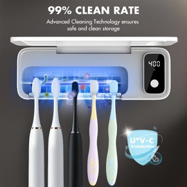 Auntyfey Sanitizeri Toothbrush Cleaner with 5 Slots, Smart Sanitizeri Toothbrush Holder Organizer, Cordless No Drilling Wall Mounted Rechargeable Holders for Bathroom Family, 200/400s Timer Function