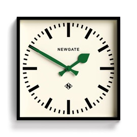 NEWGATE® Number Five Wall Clock | Square Retro Inspired Modern Station Clock | 16 inch | Black with Green Hands | Mid Century Style for Kitchen, Living Room or Office