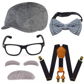 Yewong 1920s Kids Old Man 100 days of School Grandpa Costume Accessories Set with Newsboy Hat Suspenders Kit