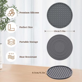 EKIND 3.94'' Silicone Drink Coasters Set, Non-Slip & Heat-Resistant Round Cup Mats with Square Silicone Storage Tray, Bar Table Protectors for Hot or Cold Drinks, for Various Cup Sizes(Grey, 4-Pack)
