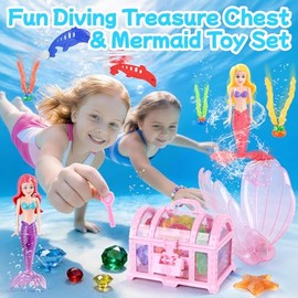 Pool Diving Toys for Kids Ages 4-8 8-12, 31 Pcs Shell Mermaid Pool Toys & Treasure Chest Toys & Diving Gems, Fun Summer Swim Party Gifts for Boys Girls with Storage Bag