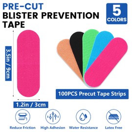 100 PCS Blister Prevention Tape, 5 Colors 1.2in x 3.5in Blister Tape, Precut Blister Bandages for Toes, Heels, Foot Surfaces, Fingers